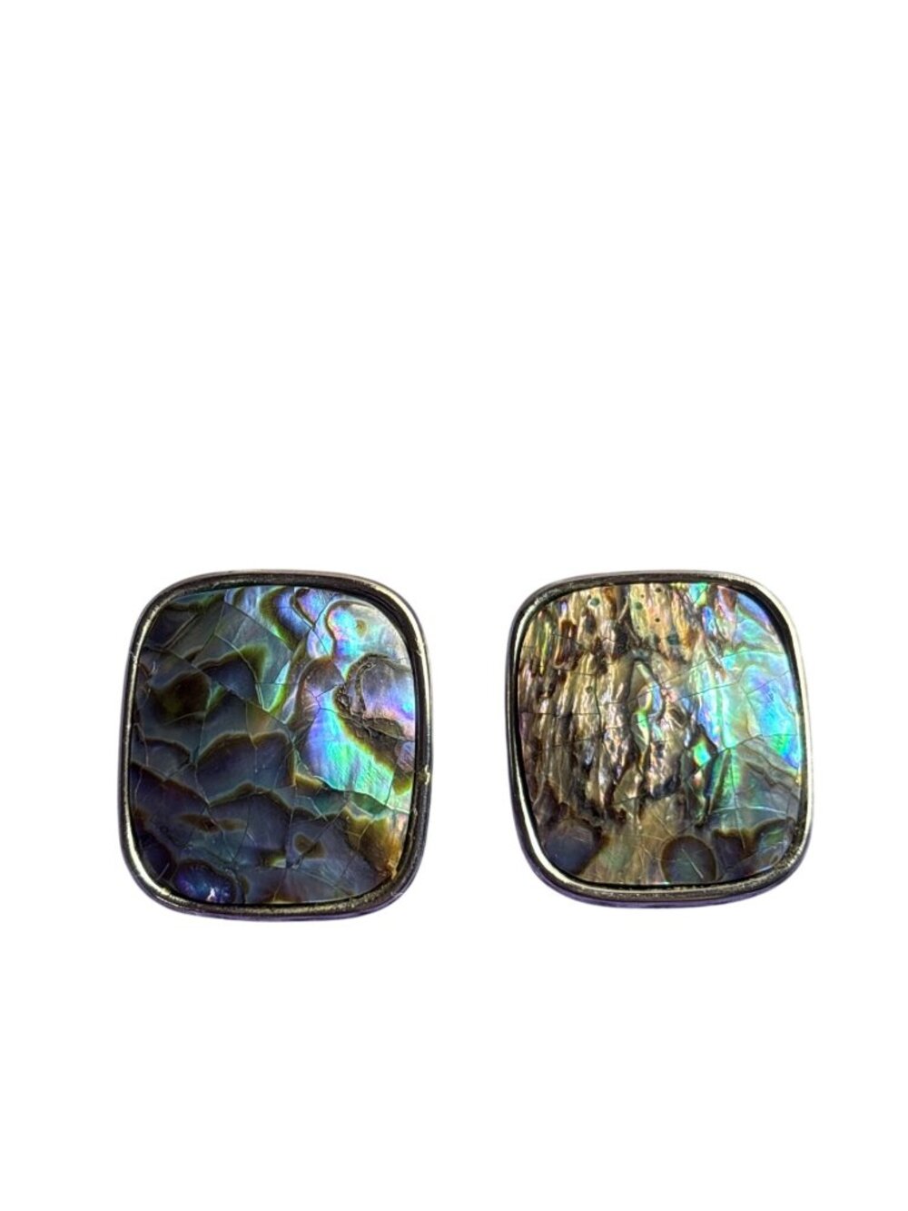 Square Abalone Clip On Earrings Silvertone 1 inch